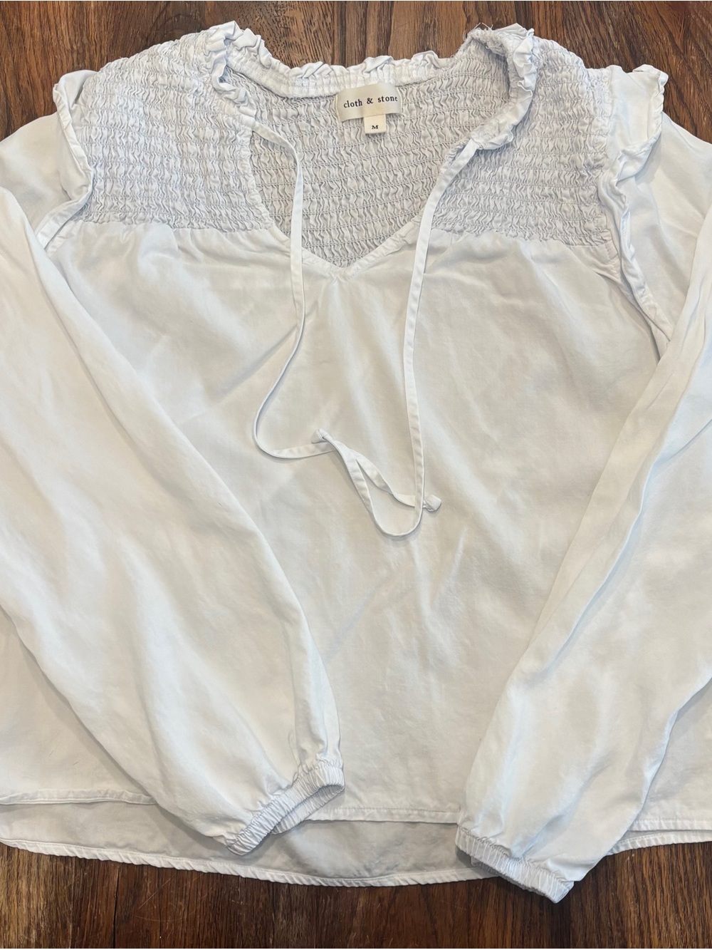 cloth & stone Pale Blue Smocked Yoke Tie-Neck Long Sleeve Blouse